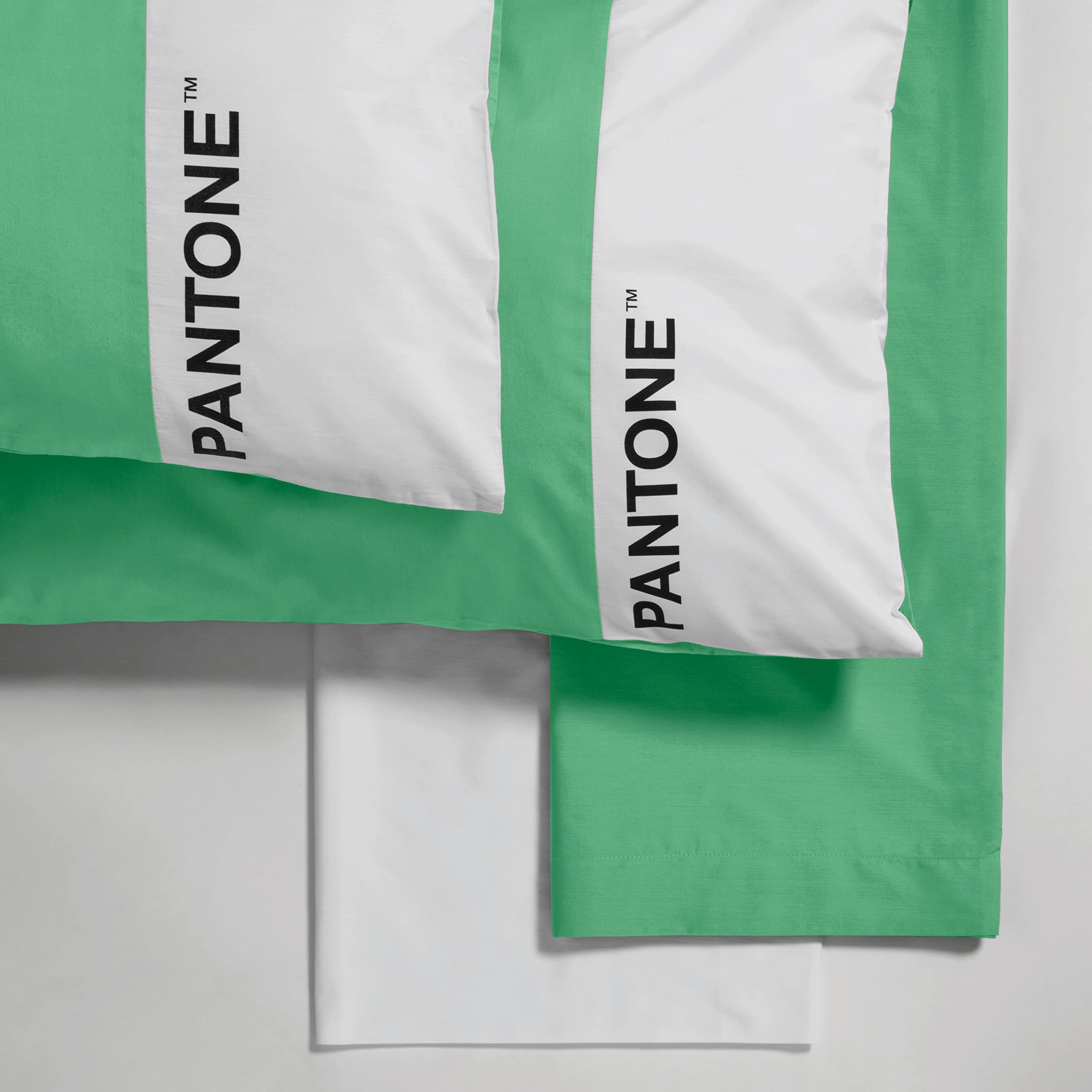 SWEET HOME Pantone™ Single Bed Set, Single Bed Sheets 150 x 280 cm + Pillow Case 50 x 80 cm + Single Fitted Sheet 90 x 200 cm, for Single Mattress 25 h, Light Green/White