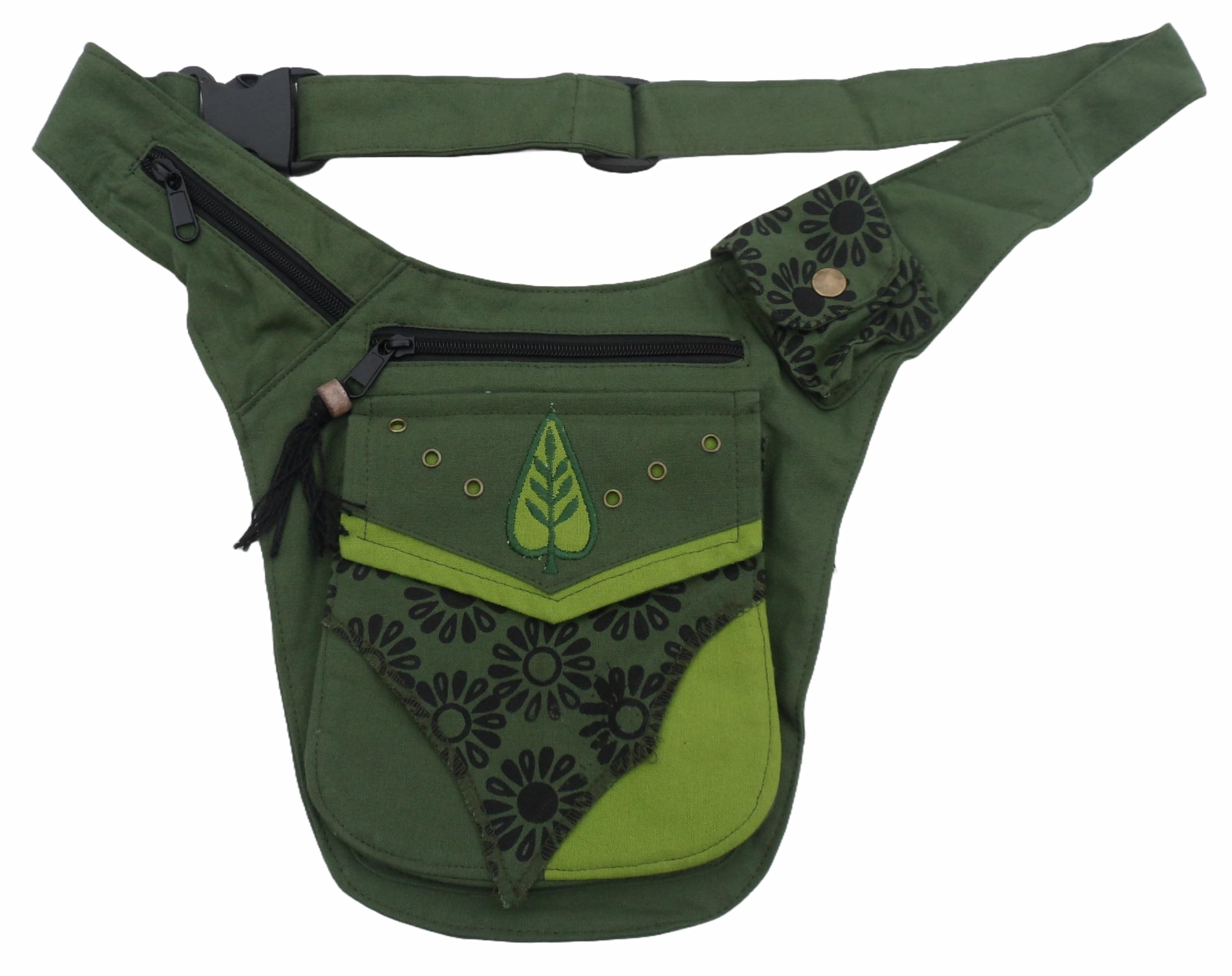 Fair Trade Festival Boho Cotton Travel Leaf Design Passport Bag Utility Hip Belt