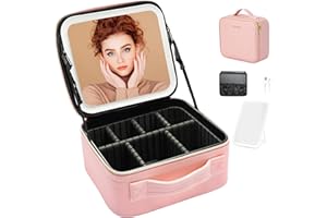 ZhenGuiRu Travel Makeup Bag with LED Mirror – Waterproof Cosmetic Train Case with Adjustable Dividers, Portable Makeup Organizer and Toiletry Bag for Women, Teens & Girls Gift, Pink