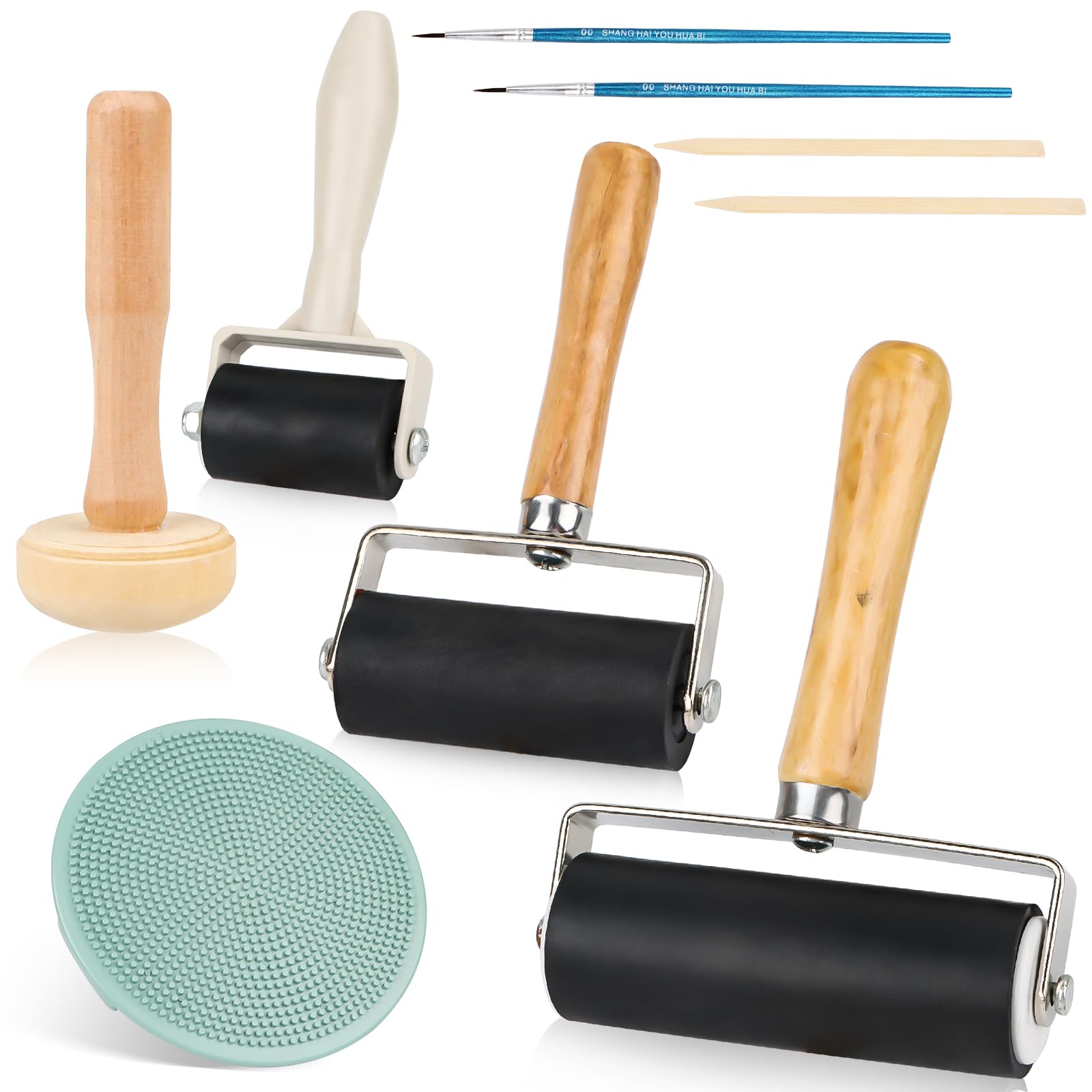 Wvu & Wvo Pack of 3 Lino Print, Robust Pressure Roller with 1 Mushroom Roller and 1 Engraving for Print Graphics, Stamping, Printing, Inks, Wallpaper and Crafts (3.5 cm, 6 cm, 10 cm)