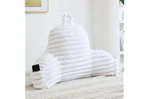 Memfydu Faux Fur Fluffy White Reading Pillow with Pockets, Luxury Striped Plush Decorative, Arm Rests and Back Surport for Bed Rest, Lounging on Sofa, Large