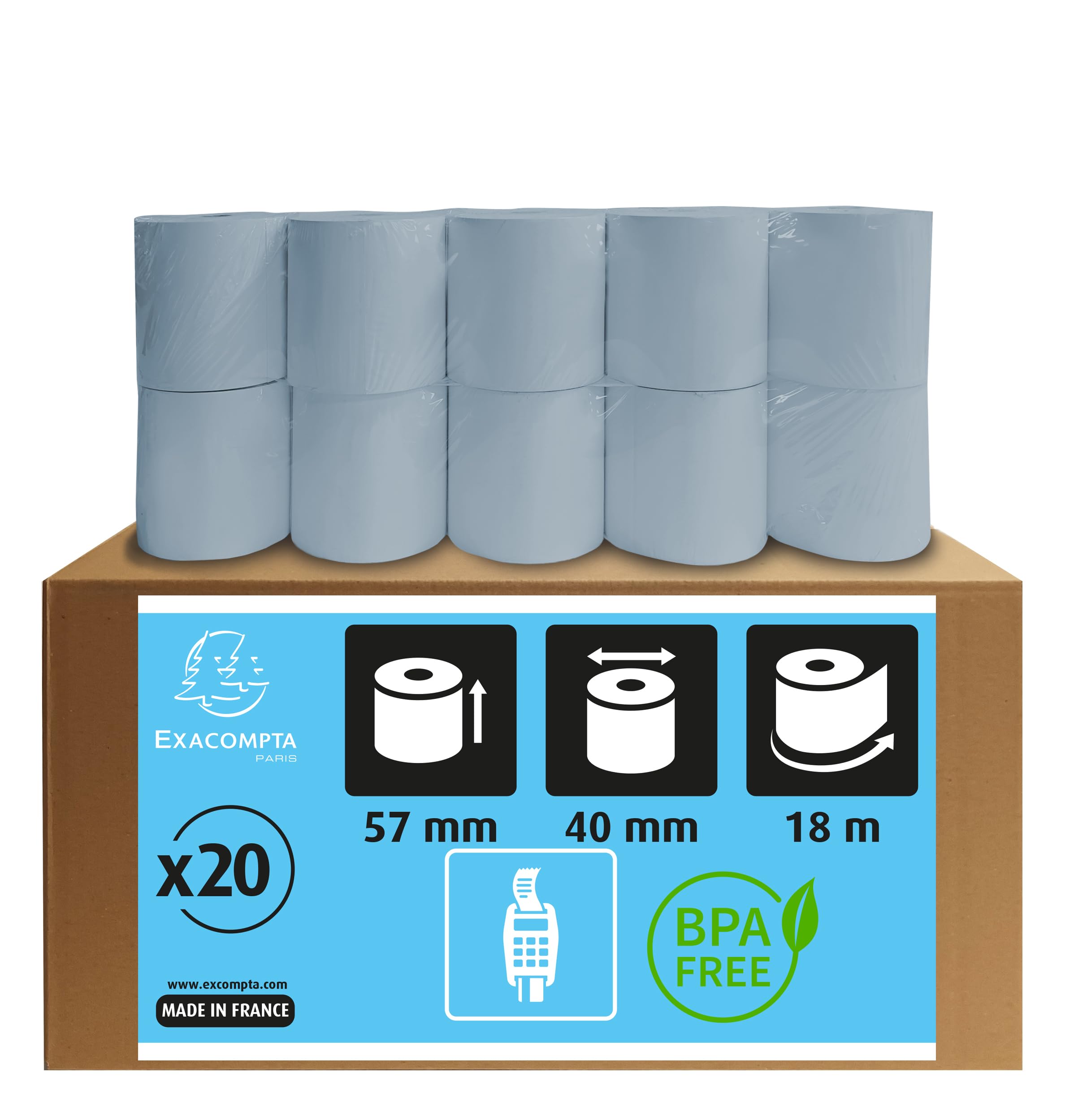 Exacompta - Ref 40951E - Safe Contact Credit Card Machine Rolls - 57mm Wide x 40mm Diameter x 18m in Length, Phenol Free, FSC-Certified Paper - Pack of 20