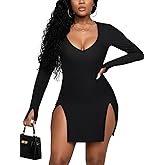 Rooscier Women's V Neck Long Sleeve Side Split Sexy Bodycon Cocktail Mini Dress