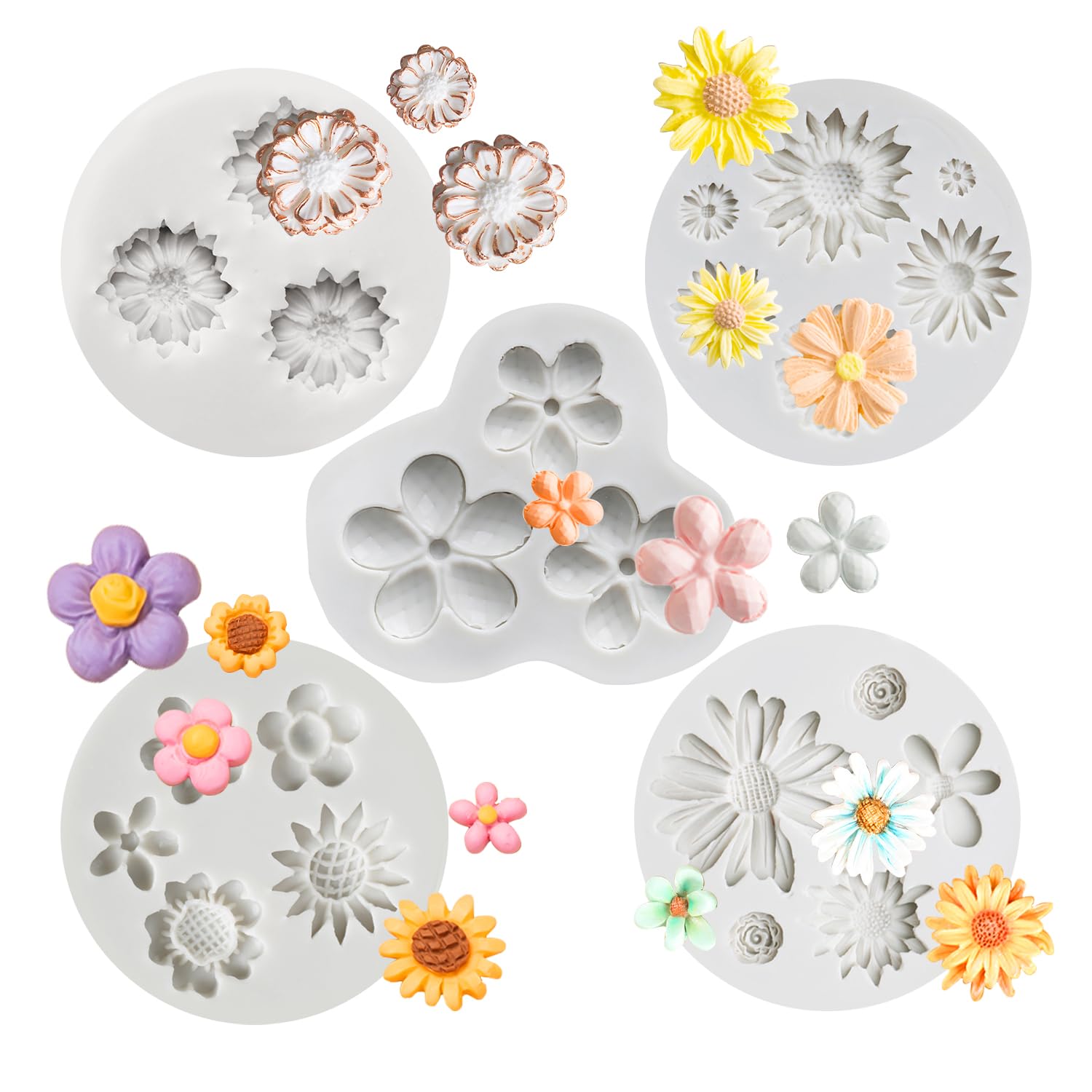 KALAIEN 5 Pieces Flower Fondant Cake Molds Fondant Silicone Mold Daisy Flower,Rose Flower,Chrysanthemum Flower Candy Silicone Molds Set for Chocolate