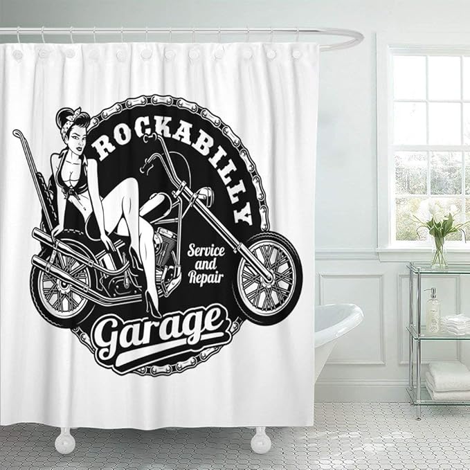JOOCAR Design Duschvorhang, Pin Up Girl auf Motorrad, einfarbig