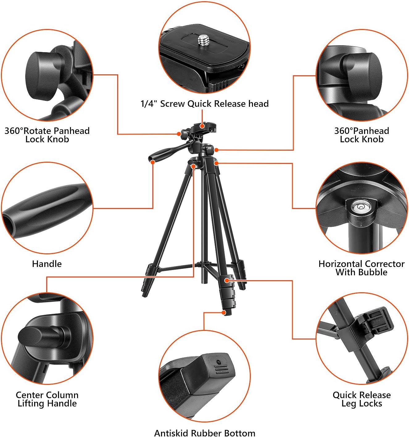 Tripod for Camera, 55 Inch Lightweight Tripod for Phone with 2 in 1 Holder for Tablet and Cellphone Aluminum Alloy 3-Way Head Tripod for DLSR Camera with Carrying Bag and Bluetooth Remote Control : Camera & Photo