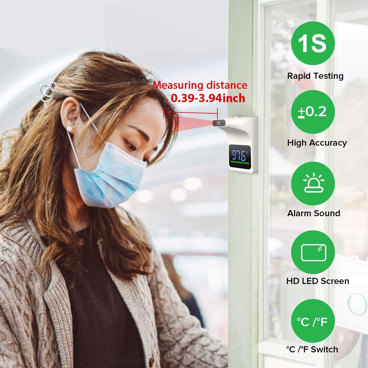 GEKKA Wall Mounted Infrared Forehead Thermometer for Adults, Non Contact Digital Wall Thermometer with LCD Display Fever Alarm Accurate Instant Reading for Offices, Schools, Factories: Industrial & Scientific