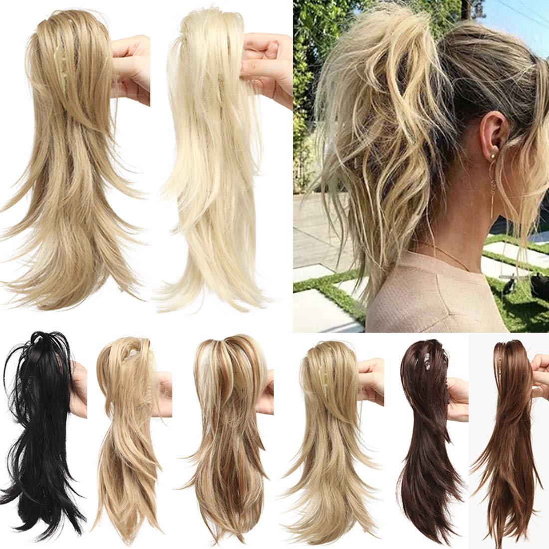 12 inch Premium Synthetic Adjustable & Customizable Updo Style Ponytail Hair Extensions with Clip on Claw Attachment Dark Black