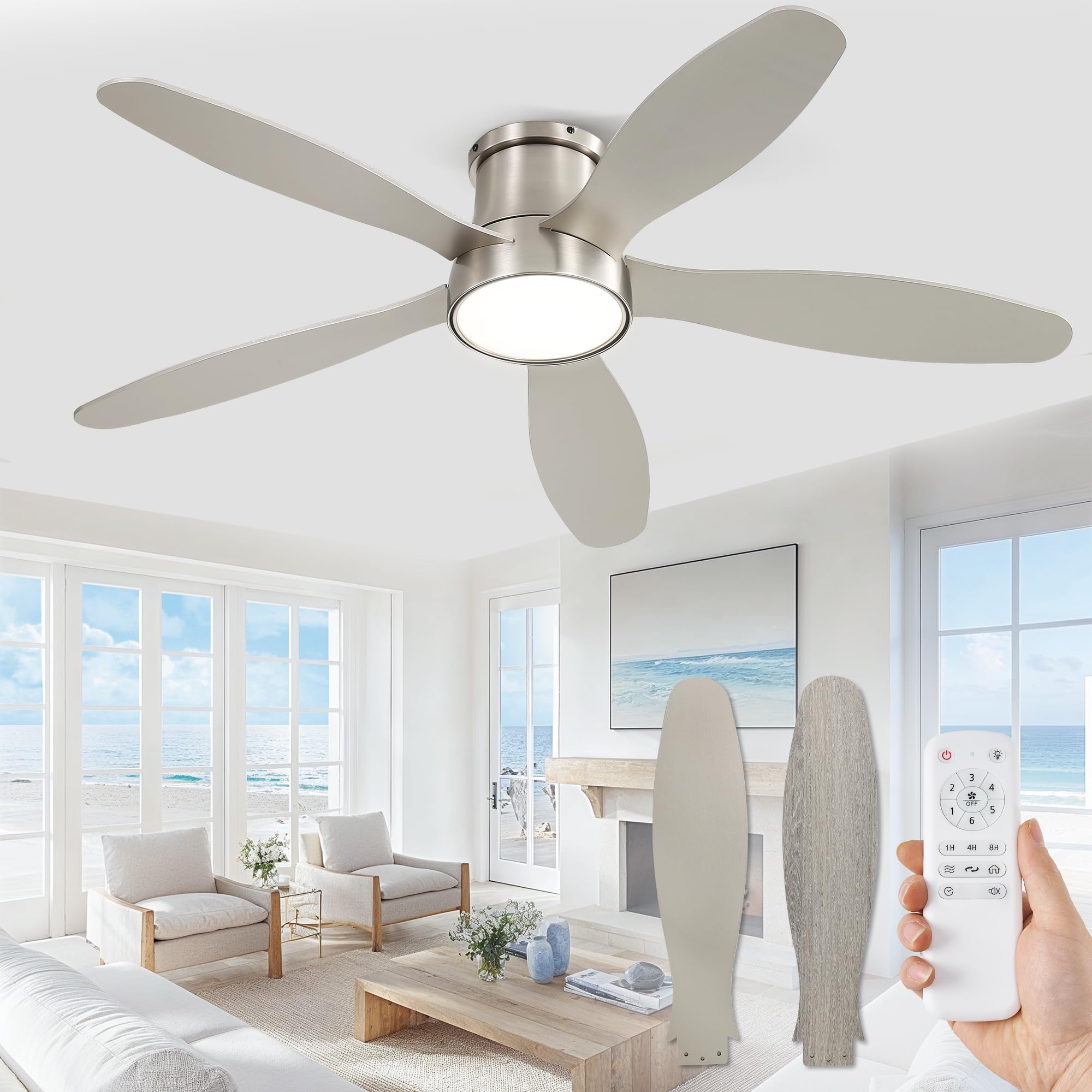 Photo 1 of ZMISHIBO 52 Inch Flush Mount Ceiling Fans, Low Profile Ceiling Fan with Light and Remote, Modern LED Ceiling Fan Lighting Fixture for Bedroom, Kitchen, Indoor-Nickel