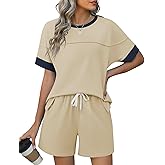 Rapbin Comfy Summer Sets with Pockets Loose Fit Color Block Design Matching 2 Piece Sets with Drawstring Waist