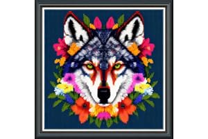 Funxvoot Stamped Cross Stitch Kits Beginners Full Range of Embroidery Starter Kits for Adults Printed Cross Stitching DIY kit(Colorful Flower Wolf 17.7x17.7 inch)