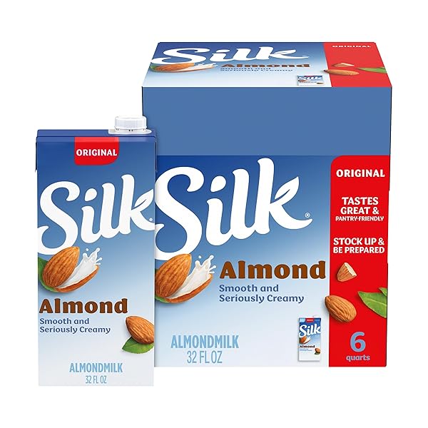 SILK SHELF-STABLE ALMOND MILK, ORIGINAL, DAIRY-FREE, VEGAN, NON-GMO PROJECT VERIFIED, 1 QUART (PACK OF 6)