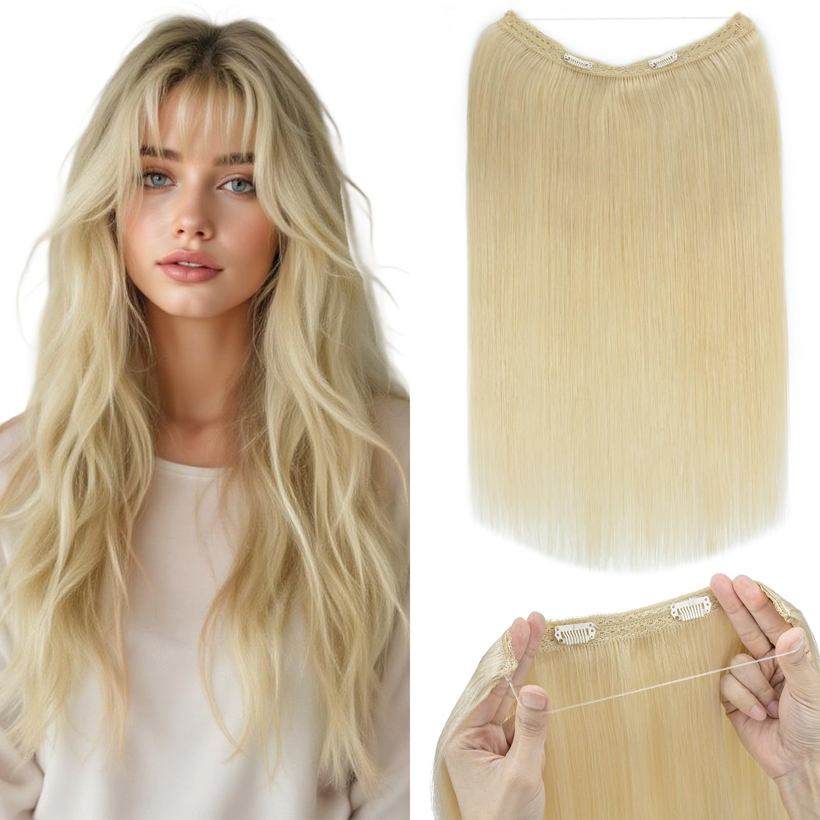 Silk-co 18inch One Piece Silk-co Secret Wire In Hair Extensions 18inch #613 Bleach Blonde Real Human Hair Secret Wire No Clip Straight Hairpiece