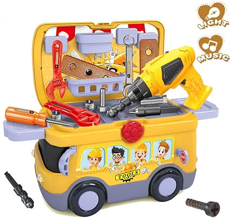 Amazon Corper Toys 大工さんおもちゃ 大工さんごっこ遊び 工具セット 23点 ドリル モンキーレンチ ネジ 組み立て おもちゃ ミニワークセンター 収納トランク 車 バス 男の子 クリスマス おままごと おもちゃ 大工さん おもちゃ