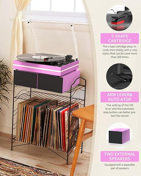 VINYL RECORD PLAYER WITH TWO EXTERNAL SPEAKERS BELT-DRIVE TURNTABLES FOR VINYLS RECORDS DUAL STEREO SPEAKERS LP PLAYERS 3 SPEED FULL SIZE WIRELESS AUX-IN HEADPHONE AUTO STOP PINK