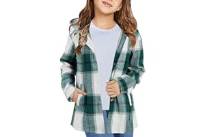 TYMIDY Girls Cute Flannel Plaid Button Down Top with Pockets Long Sleeve Hooded Jacket