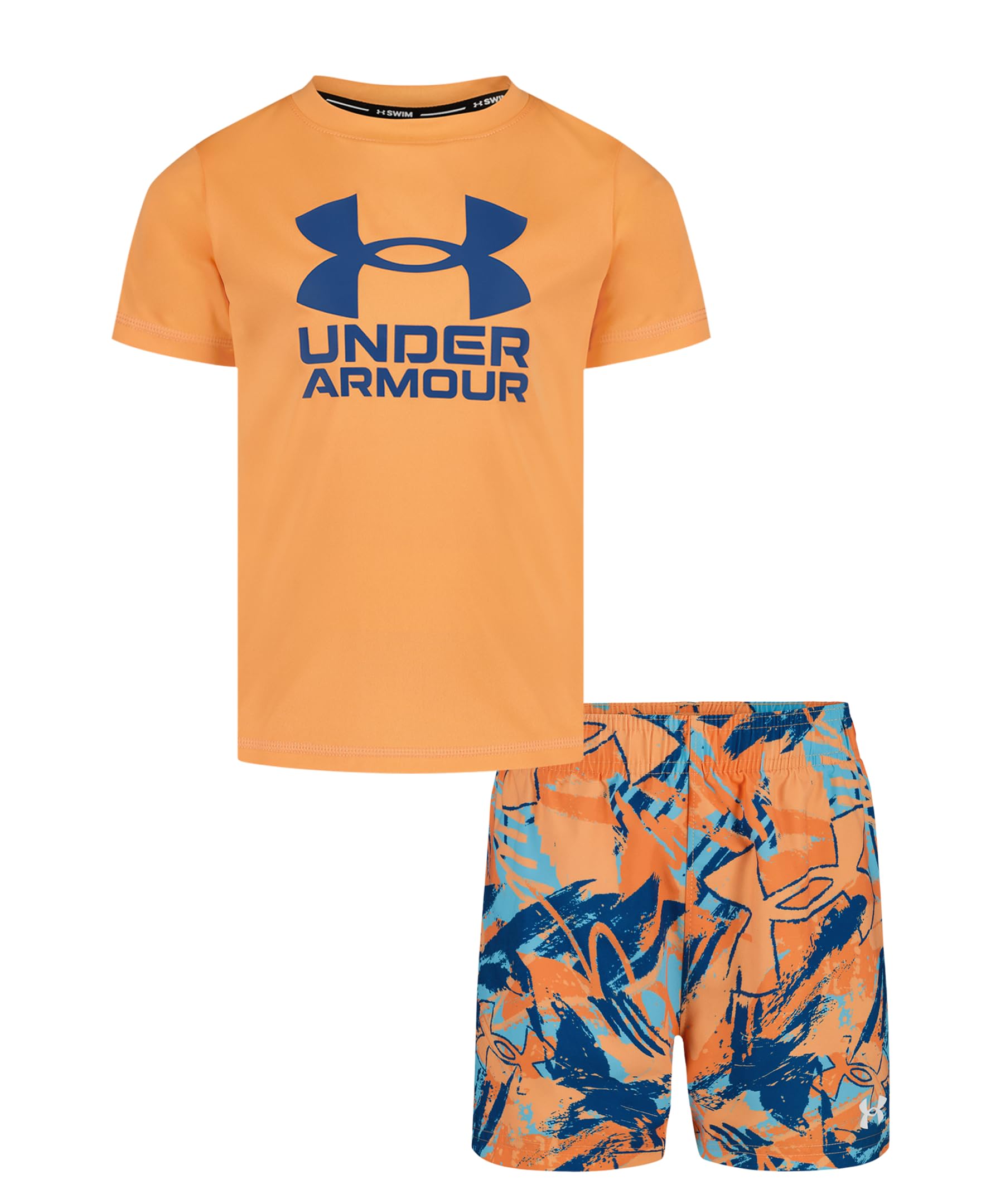Under Armour Boys' 2-Piece Rashguard Swim Set, Short Sleeve Surf Shirt and Volley Trunks, UPF 50+ Sun Protection, Orange Scribble, 3T Image