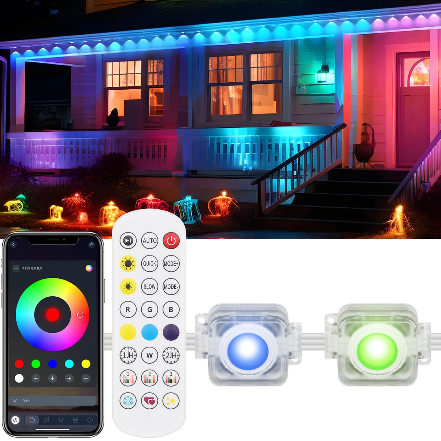 Photo 1 of WoopStrip 200ft Outdoor Permanent Lights Pro, App & Remote Controlled, RGB-IC Smart - IP68 Waterproof LED Eaves Lights, Music Sync, Year-Round Roof Eternity Lighting for Ourdoor Decoration