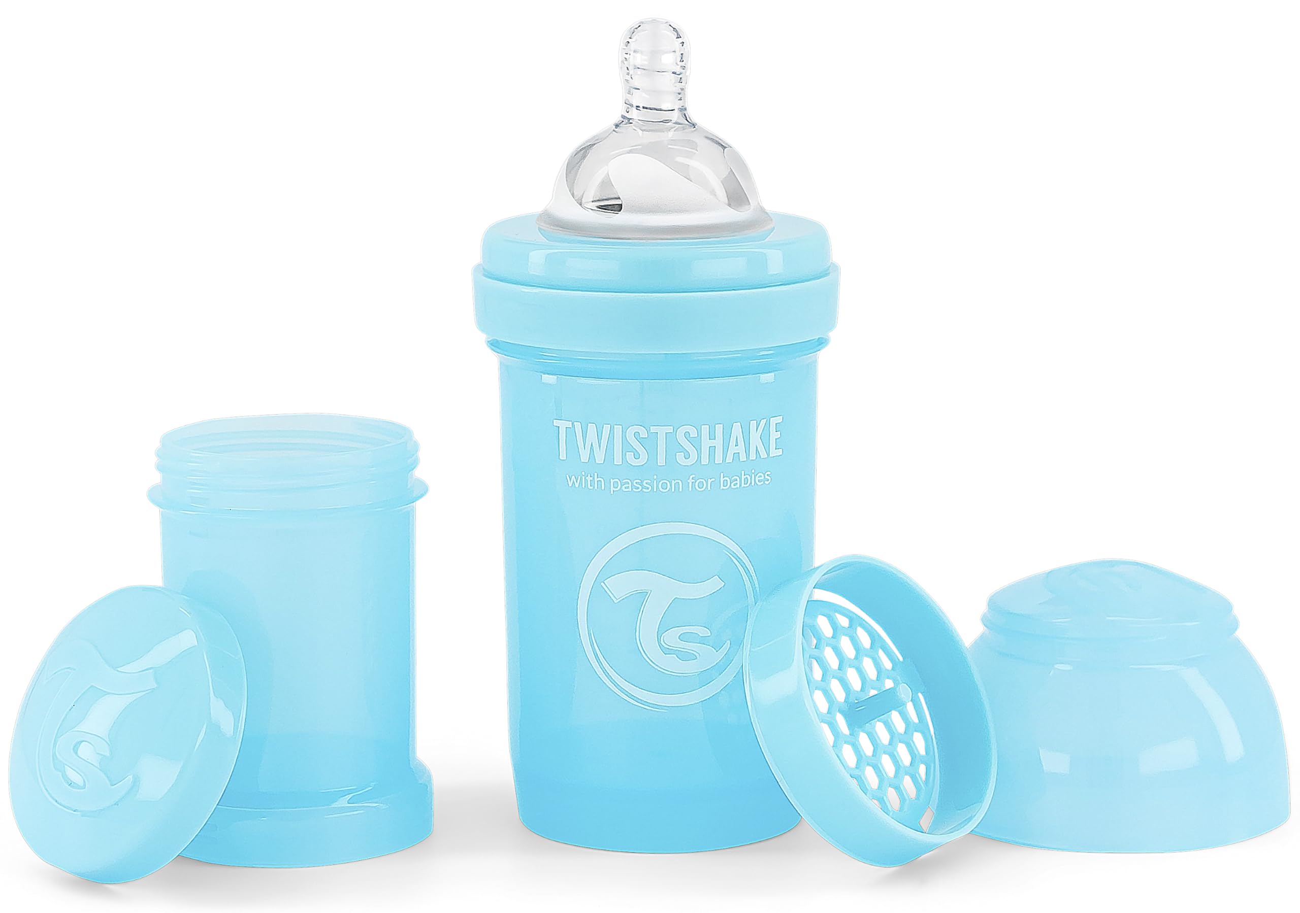 Twistshake Anti-Colic Baby Bottle with Milk Powder Container and Mixer - 180ml | Slow Flow Silicone Breast-Like Nipple | BPA- Free Baby Milk Bottle | Suitable for Newborn Babies (0+) | Blue