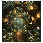 ZQANZQ Fantasy Forest Shower Curtain Fairytale Jungle Magical Enchanted Misty Wonderland Floral Tree Butterfly Lantern Nature