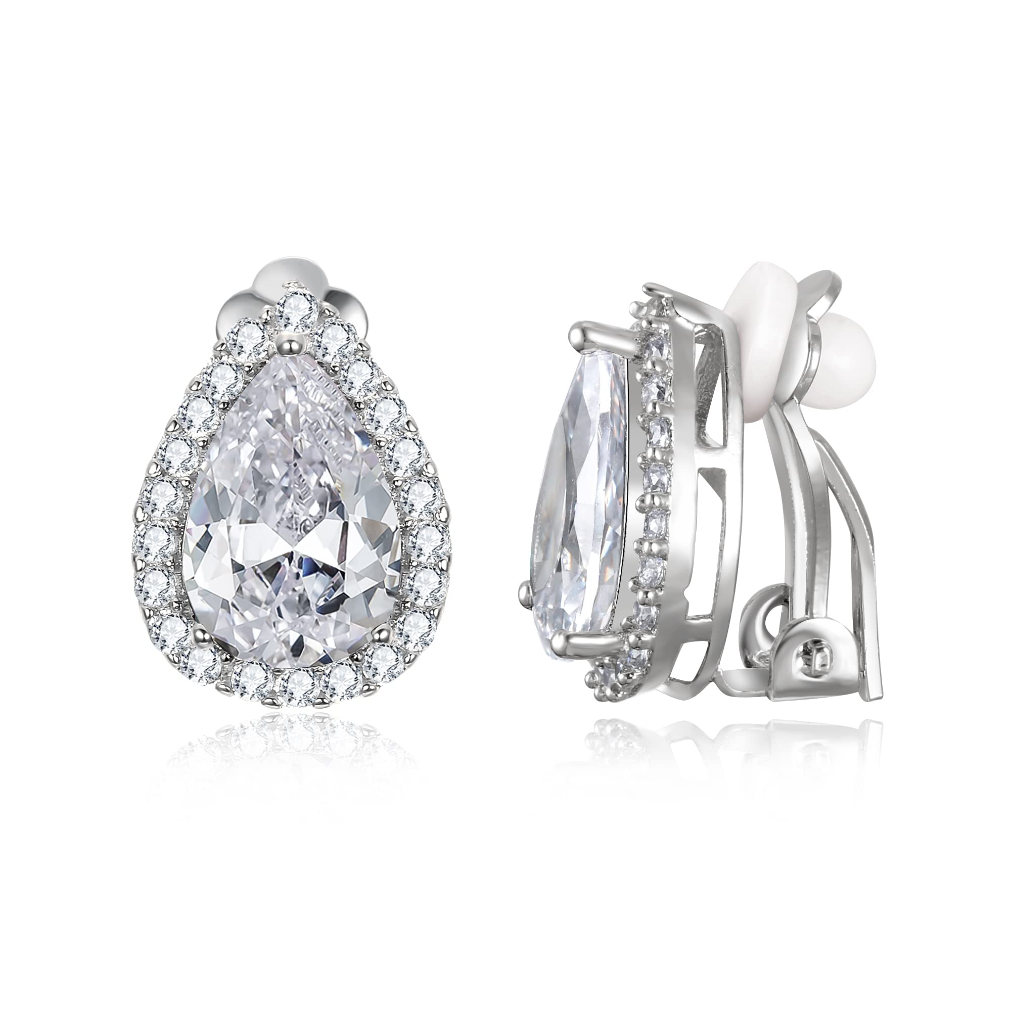 EVER FAITH Cubic Zirconia Wedding Clip On Earrings, Bridesmaids Gorgeous Teardrop Prong Setting Stud Earrings for Women Clear Silver-Tone