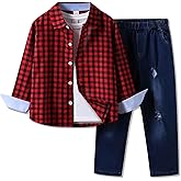 Voxikidio 4-8 Years Boys Plaid Shirts & Denim Jeans Outfit Clothing Casual Toddler Boy Fashion