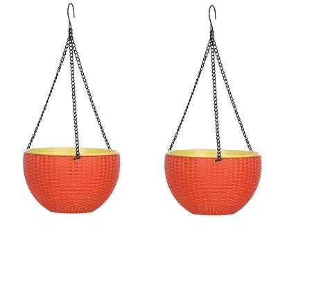 AASHU Hanging Planters Wowen Finish Planter Pot for Indoor and Outdoor, Hanging Planter Basket with Chain (10inch Orange,self Watering) Pack of 2
