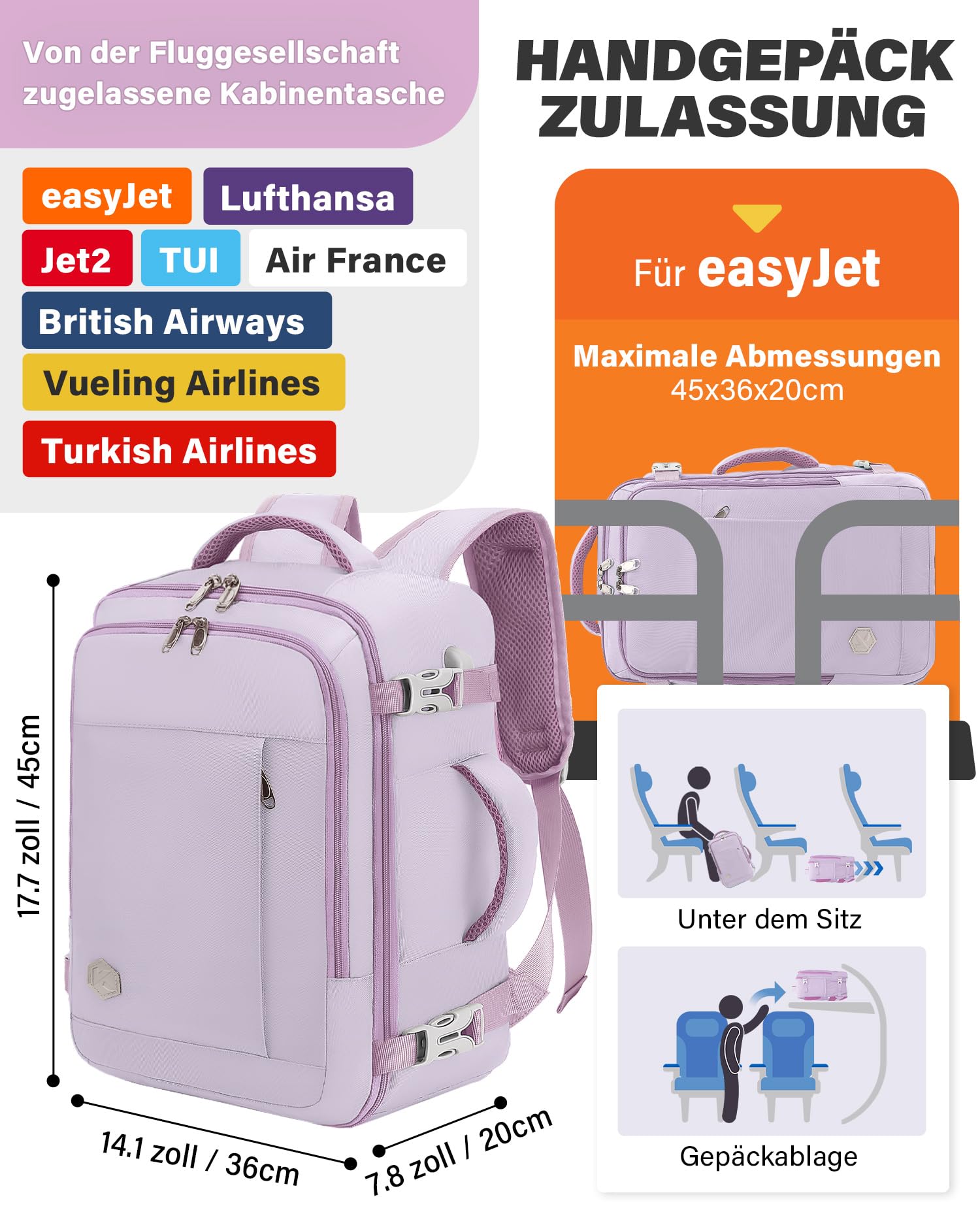 VANKEV für Easyjet Handgepäck 45x36x20 Laptop Rucksack Reiserucksack Handgepäck Tasche Rucksack 15.6 Zoll Laptop Backpack für Herren Damen Helllila 3