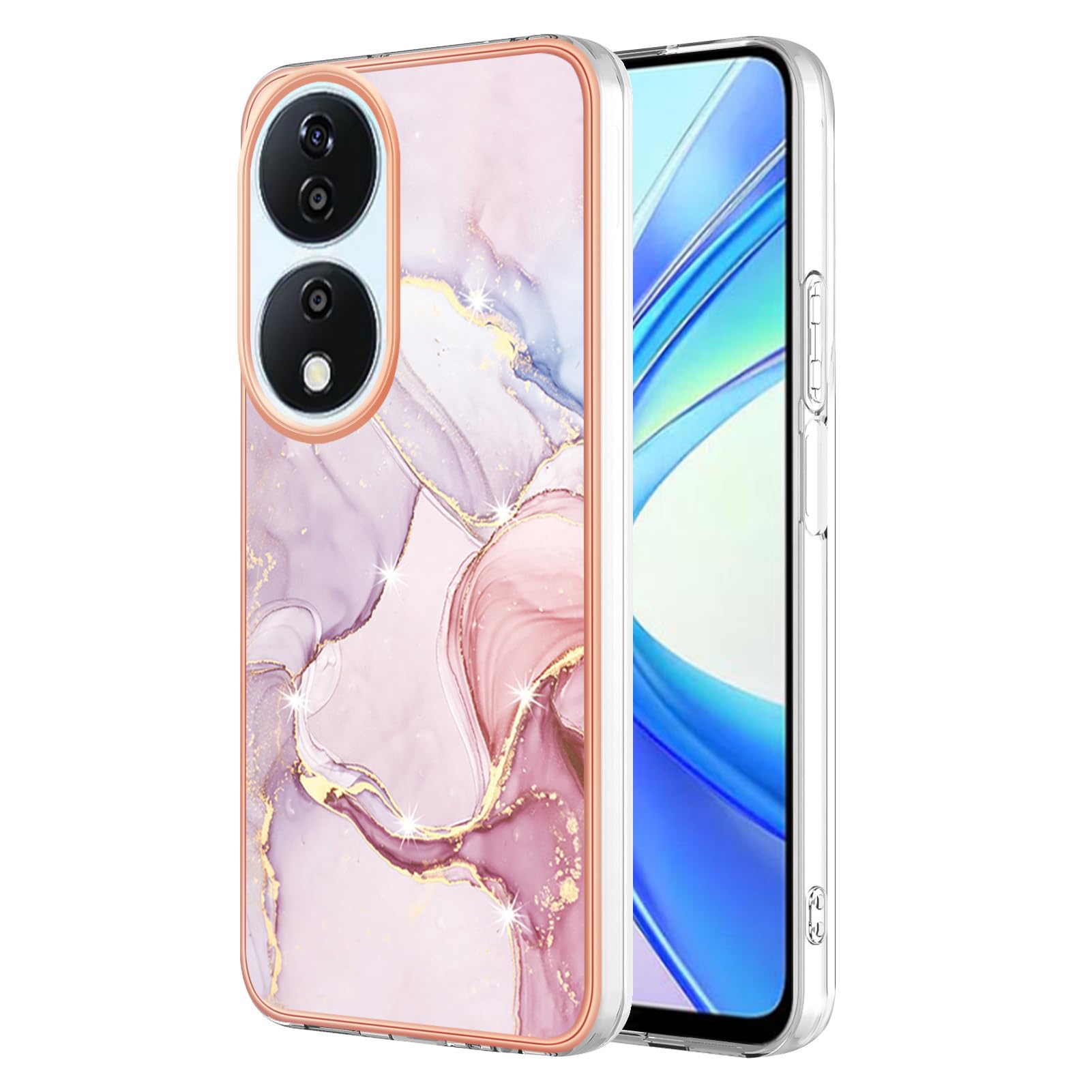 Sawiqpd for Honor 90 Smart 5G Case, Honor X7B Case, Glitter Sparkle Marble Effect Soft Silicone Phone Cover Slim TPU Bumper Shockproof Scratch-resistant Shell Protective Back Case, Rose Gold