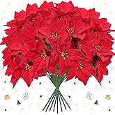 Homcomoda Christmas Red Artificial Flower Faux Poinsettia Bush Fake Flowers for Holiday Wedding Home Decoration 7 Heads 8 Bouquets