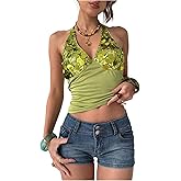 SweatyRocks Women's Sequin Tie Backless Tops V Neck Sleeveless Fitted Going Out Halter Crop Tops