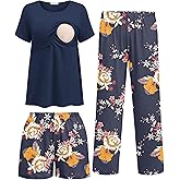 Ekouaer 3 Piece Postpartum Nursing Pajamas Set Short Sleeve Breastfeeding Shirts Pregnancy Shorts & Pants Maternity Pjs