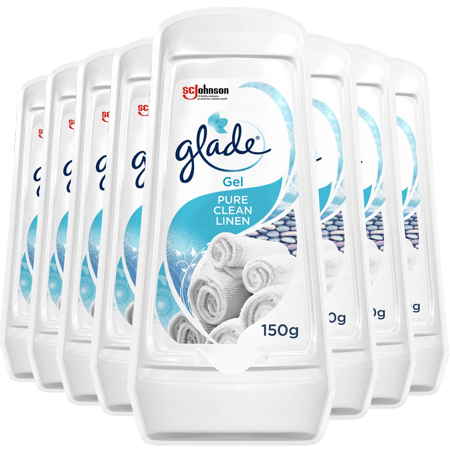Glade Solid Gel Air Freshener, Odour Eliminator for Home & Bathroom, Clean Linen, Pack of 8 (8 x 150g)
