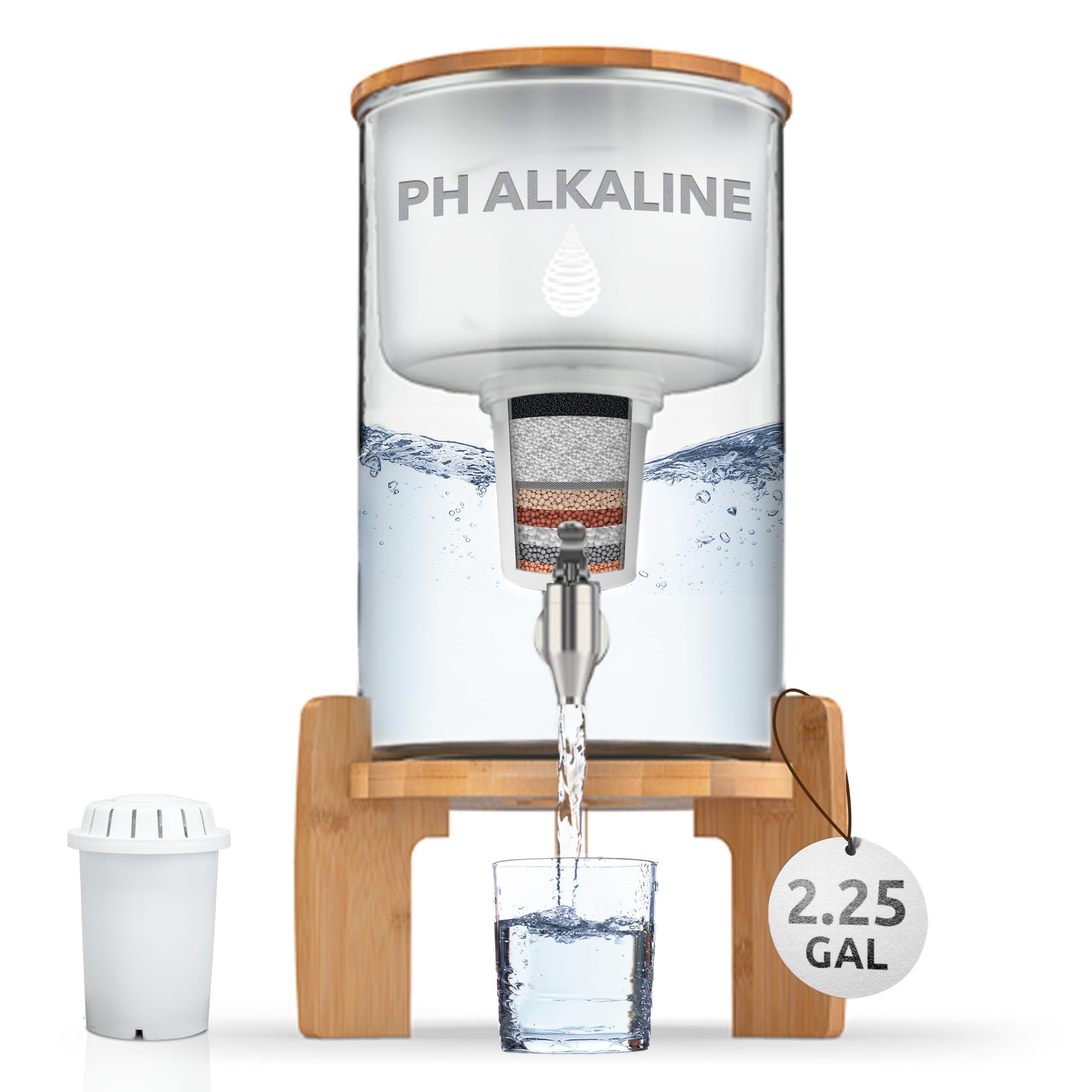 pH Recharge Glass Alkaline Countertop Water Filter Dispenser - 2.25 Gallons Jug - Removes Fluoride Chlorine & Impurities - Improves Water pH - Clean Healthy Drinking Water - 8.5 Litres