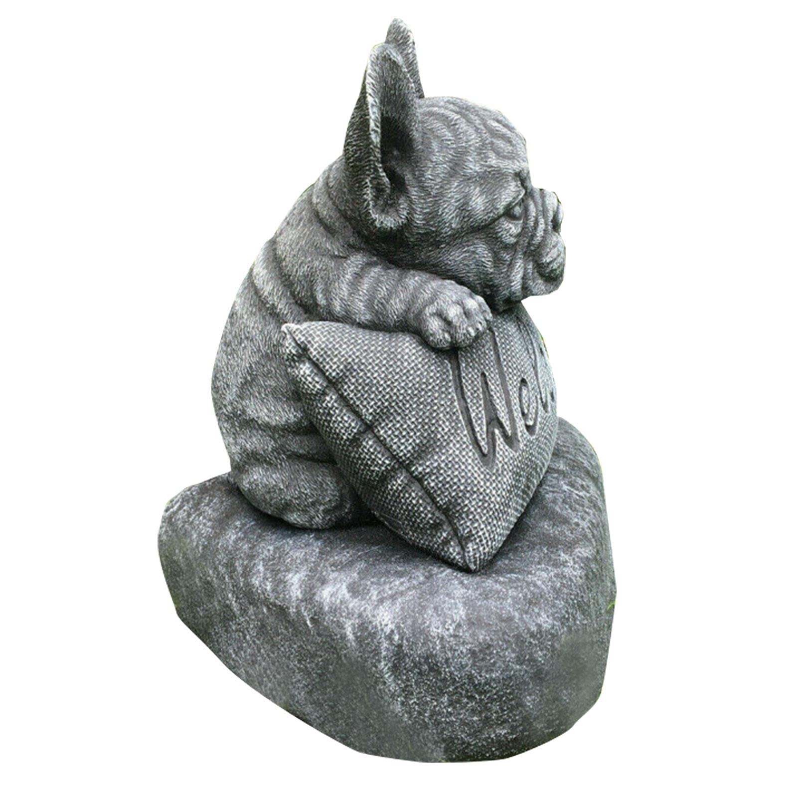 QOTSTEOS French Bulldog Welcome Statue, Resin Bulldog Decoration Statue, Simulation Animal Figurine Toys Decor, Garden Animal Outdoor Ornaments For Yard Lawn Patio Home Office(Grey)