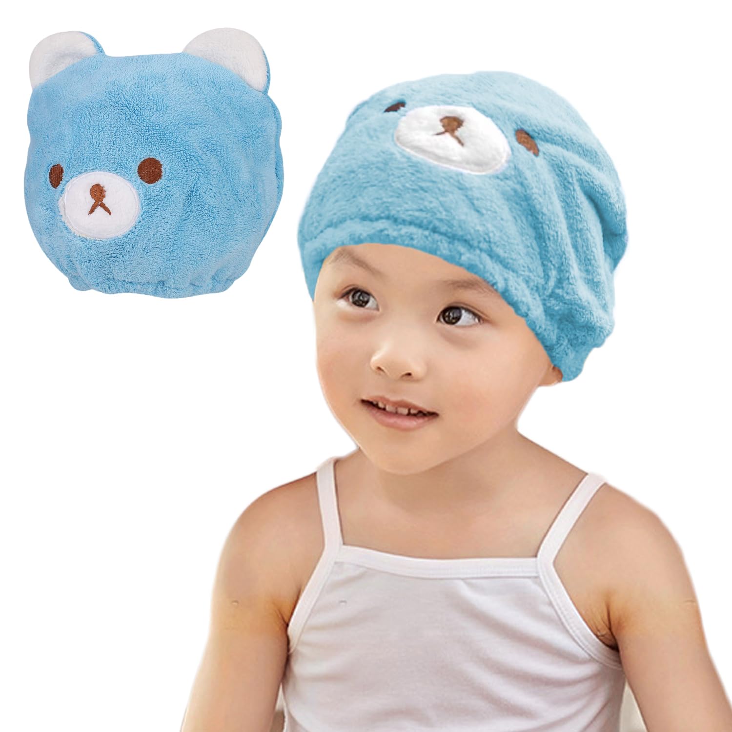 ITODA Girls Hair Drying Towels Super Absorbent Wet Hair Drying Cap Quick Dry Hair Turban Wraps Cute Bear Bath Spa Head Shower Caps Hat with Elastic Loop for Bathing Shower Washing Hair Spa