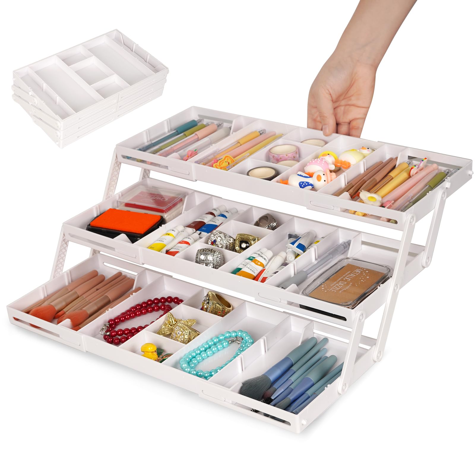 Photo 1 of 3 Tier Drawer Organizer - Expandable Junk Drawer Organizer Smart Office Supply Organizer, Folding Drawer Storage Multi-level Desk Organizer for Makeup,Jewelry,Kitchen Storage (1 Row 3 Tier, White)