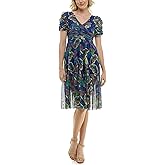 Nicole Miller New York Womens Mesh V-Front, V-Back, Shirred Short Sleeve Dress
