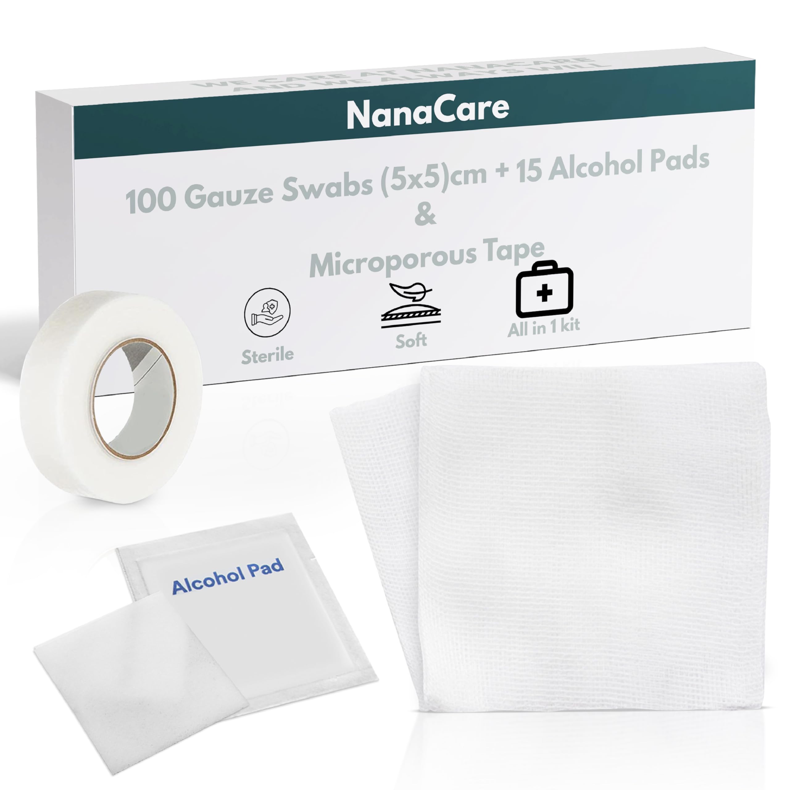 Photo 1 of 100pc Sterile 2x2 Non-Stick Gauze Pads with Adhesive Medical Tape & 15 Alcohol Wipes – Hypoallergenic Highly Absorbent Non-Adherent Dressing Sponges for Effective Wound Care and First Aid Supplies
