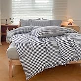 NSNLGSGC Navy Gingham Duvet Cover Set Queen, Dark Blue Grid Simple Geometric Square Pattern Comforter Cover,Soft Plaid Washed Microfiber Bedding Cover(3PCS,Queen)