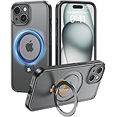 MAGIC JOHN Designed for iPhone 15 Case 6.1'', with 360° Rotatable Magnetic Metal Stand [Military Drop Protection] [Compatible with MagSafe] Shockproof Translucent, Black