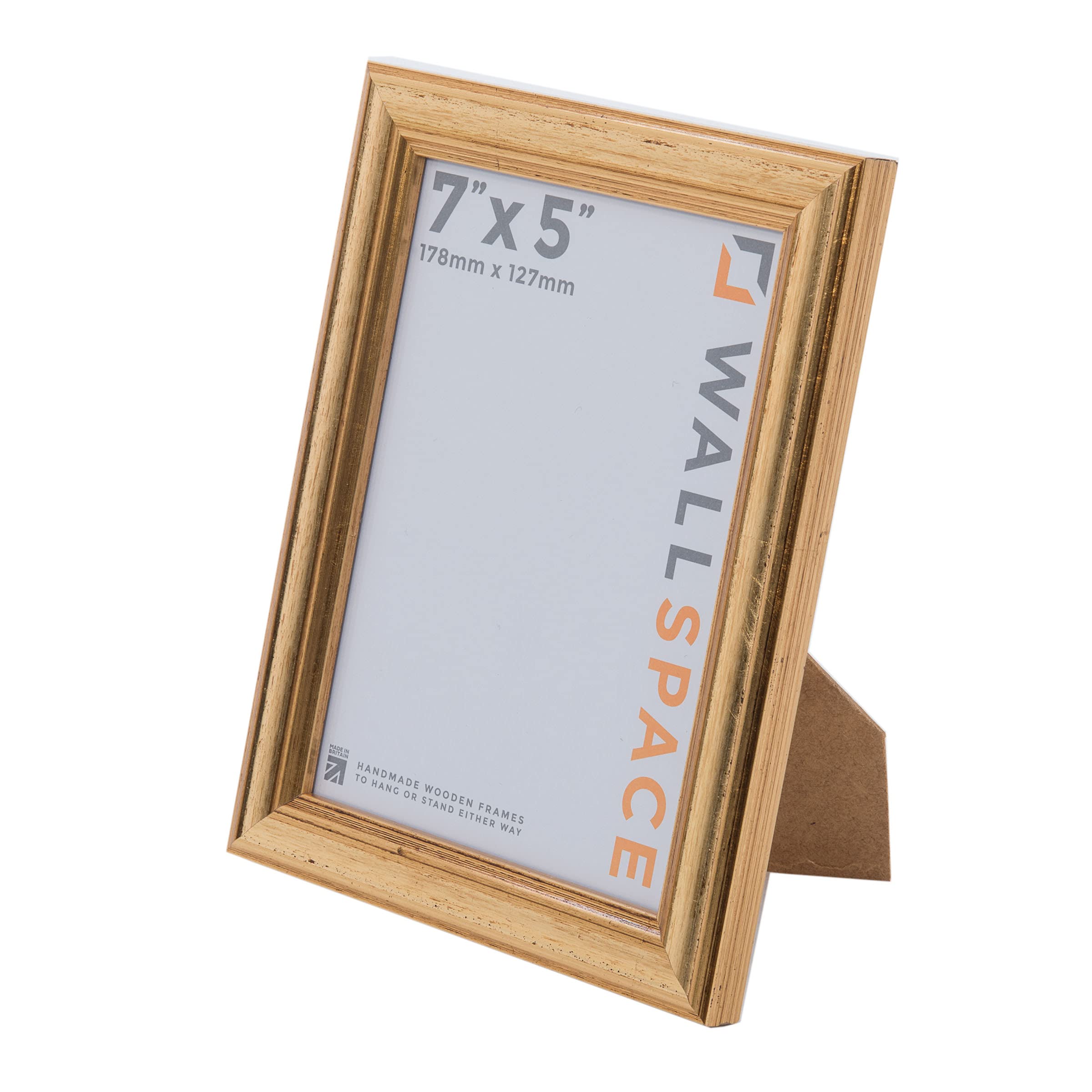 Wall Space 7x5 Gold Picture Frame | Gold 5x7 Photo Frame | 7 x 5 inch | 178x127mm | 17.8x12.7cm | Solid Wood Wooden with Real Glass | Handmade in UK — image 1