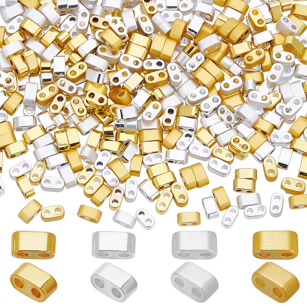CREATCABIN 400Pcs 2 Hole Half Tila Beads 24K Gold Plated Seed Beads Bulk Silver Rectangle Metallic Flat Mini Opaque Electroplated Hematite for Craft Bracelet Necklace Earring Jewelry Making 2mm — image 1