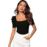 WDIRARA Women's Puff Sleeve Square Neck Short Sleeve Elegant Tee Top
