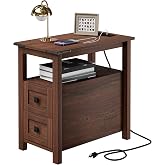 VVFLU Farmhouse End Table with Charging Station and 2 Storage Drawers, Cherry Wood Nightstand Narrow, Skinny Side Table Rustic, Slim Bedside Table, Open Shelf, Small for Bedroom, Living Room, Sofa