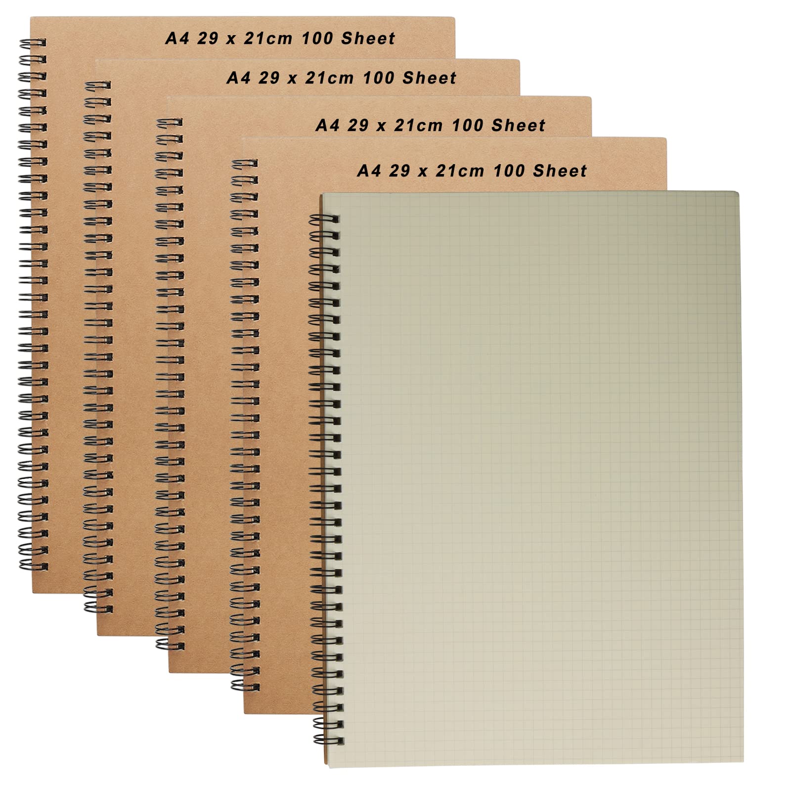 ZOENHOU 4 Pack A4 Grid Notebook, Kraft Cover Graph Paper A4 Pad 5mm Square Grid Pages, 200 Pages/100 Sheets Spiral Bound Notebook, Squared Wirebound Journal Bulk, 8.2 x 11.4 Inch