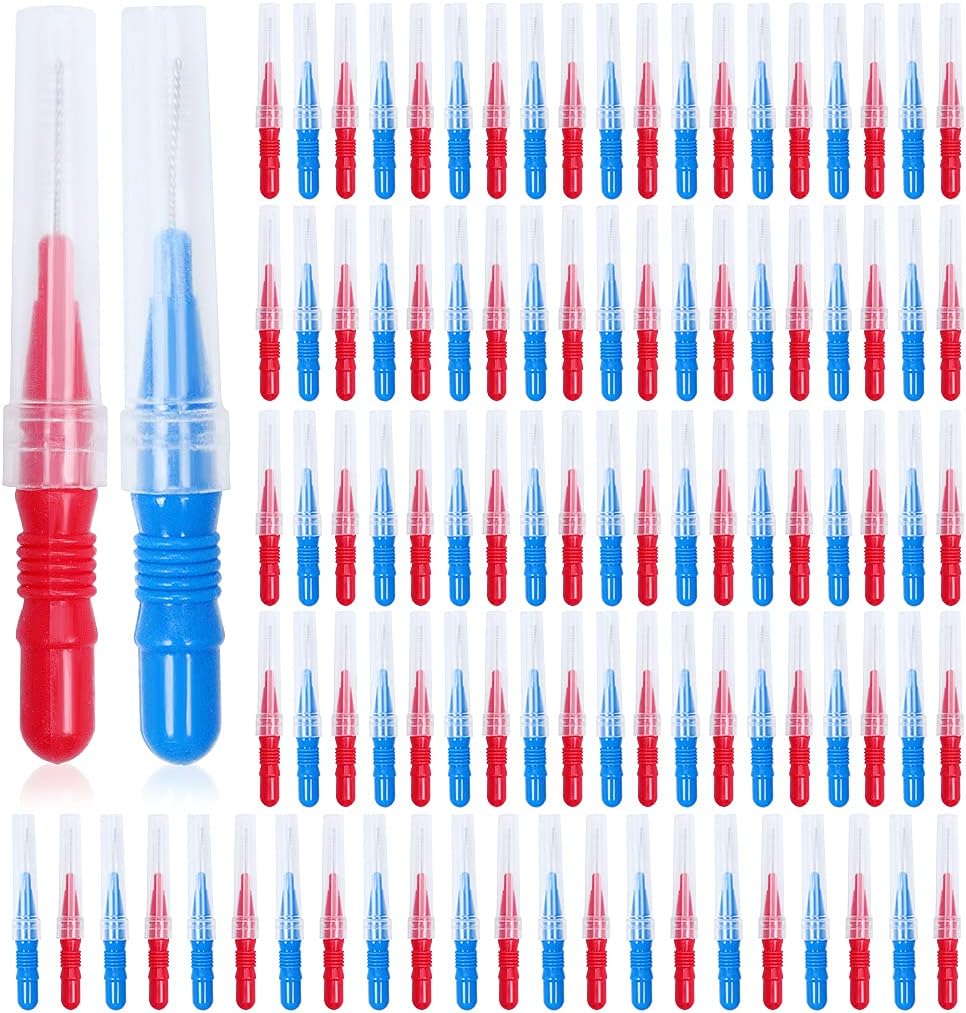 ZGTS Interdental Brushes 100 Pcs Toothpick Flosser Dental Hygiene Blue Red