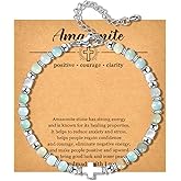 CANDYFANCY Dainty Beaded Bracelets For Women Natural Stone Heart Cross Charm Stainless Steel Bracelet Remember You Are Awesome-Inspirational Jewelry With Card Birthday Frienship Christmas Gift