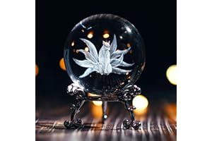 HDCRYSTALGIFTS 3D Crystal Ball with Stand - 60mm Laser Carved Nine-Tailed Fox Glass Full Sphere Art Decorative Ball Paperweight