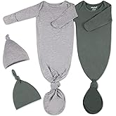 2Pk Newborn Baby Knotted Gown, Super Soft Silky Infant Long Sleeve Sleeper for Baby Sleeping with Hat Dark Gray&light Grey(2 Packs 0-3 Months)